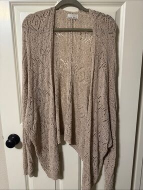 BE COOL Open-Front Taupe Crochet Knit Cardigan